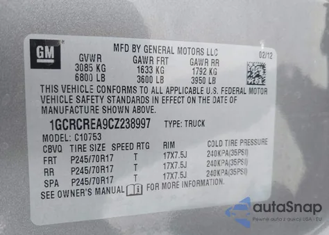 2012 Chevrolet Silverado 1500 Ls z USA, uszkodzony, nr VIN 1GCRCREA9CZ238997